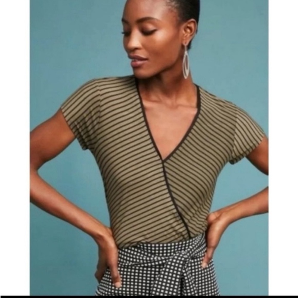Anthropologie Maeve Leila Olive Striped Faux Front Wrap Blouse Top